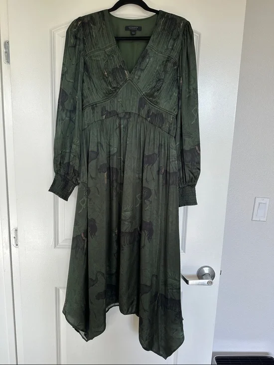 All Saints Estelle Heidi Silk Blend Long Sleeve Midi Dress with Animal Print - Picture 4 of 7